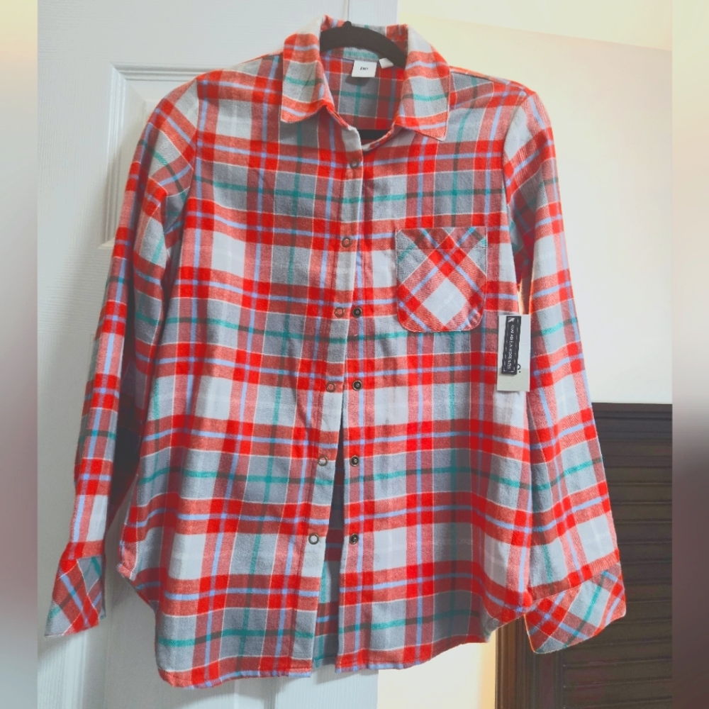 New Womens Small Blue Red Orange Long Sleeve Flannel Shirt - Size XS